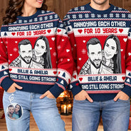 Art Design, Christmas, Custom Photo, Gift For Couples, Old Couples, Photo -  Knit-Style Line Art, Romantic - Christmas Gift For Couples - Personalized Custom Photo Annoying Each Other For Many Years Unisex Ugly Sweater
