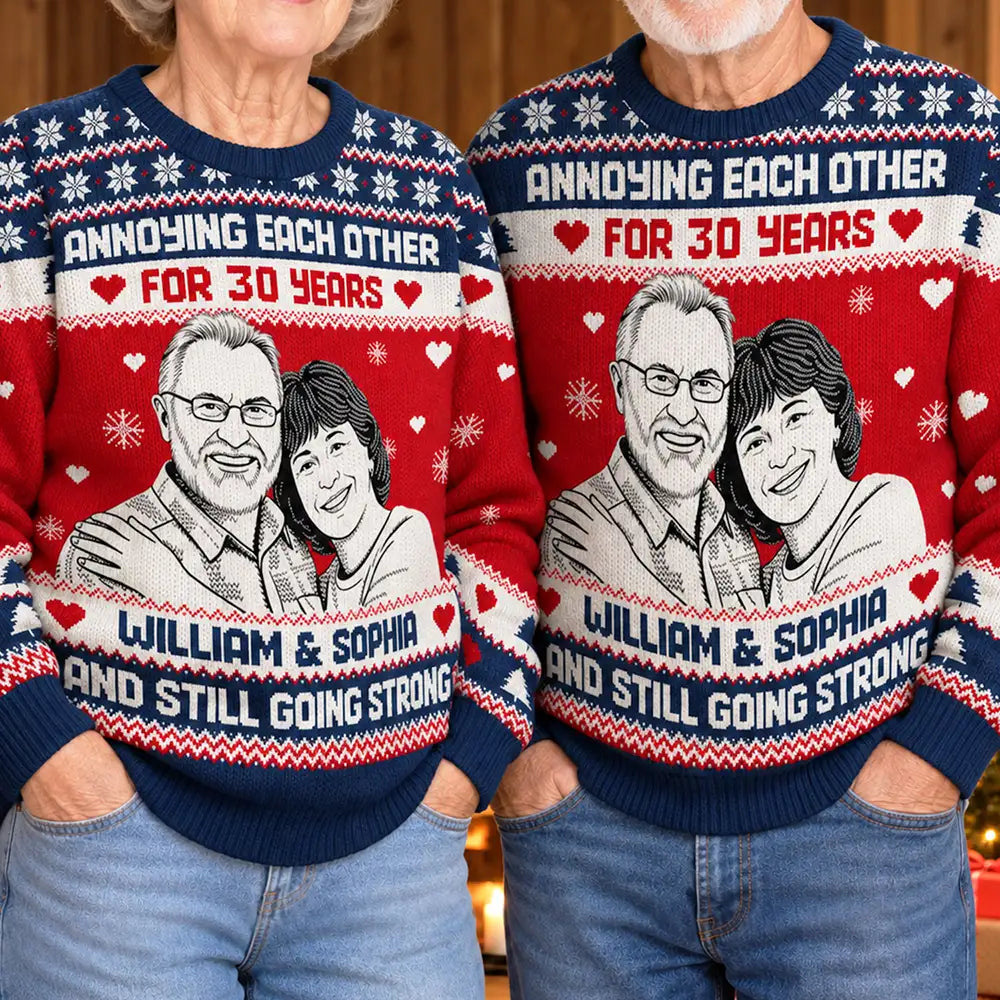 Art Design, Christmas, Custom Photo, Gift For Couples, Old Couples, Photo -  Knit-Style Line Art, Romantic - Christmas Gift For Couples - Personalized Custom Photo Annoying Each Other For Many Years Unisex Ugly Sweater