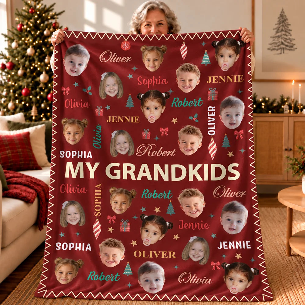 Christmas,Custom Photo,Cut-Face Photo,Gift For Grandma,Gifts For Her,Sentimental - Christmas Gift For Grandma Grandpa - Personalized Custom Photo My Grandkids With Name Pattern Fleece Blanket, Sherpa Blanket