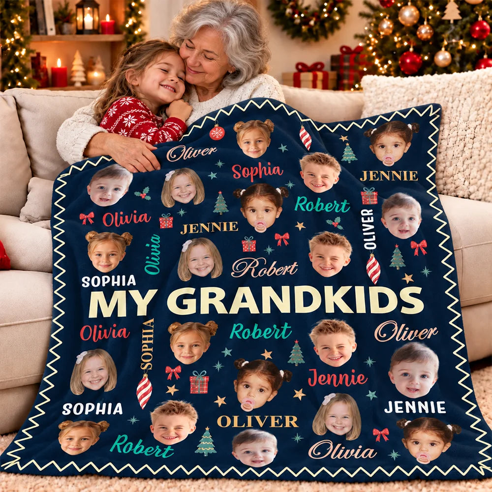 Christmas,Custom Photo,Cut-Face Photo,Gift For Grandma,Gifts For Her,Sentimental - Christmas Gift For Grandma Grandpa - Personalized Custom Photo My Grandkids With Name Pattern Fleece Blanket, Sherpa Blanket