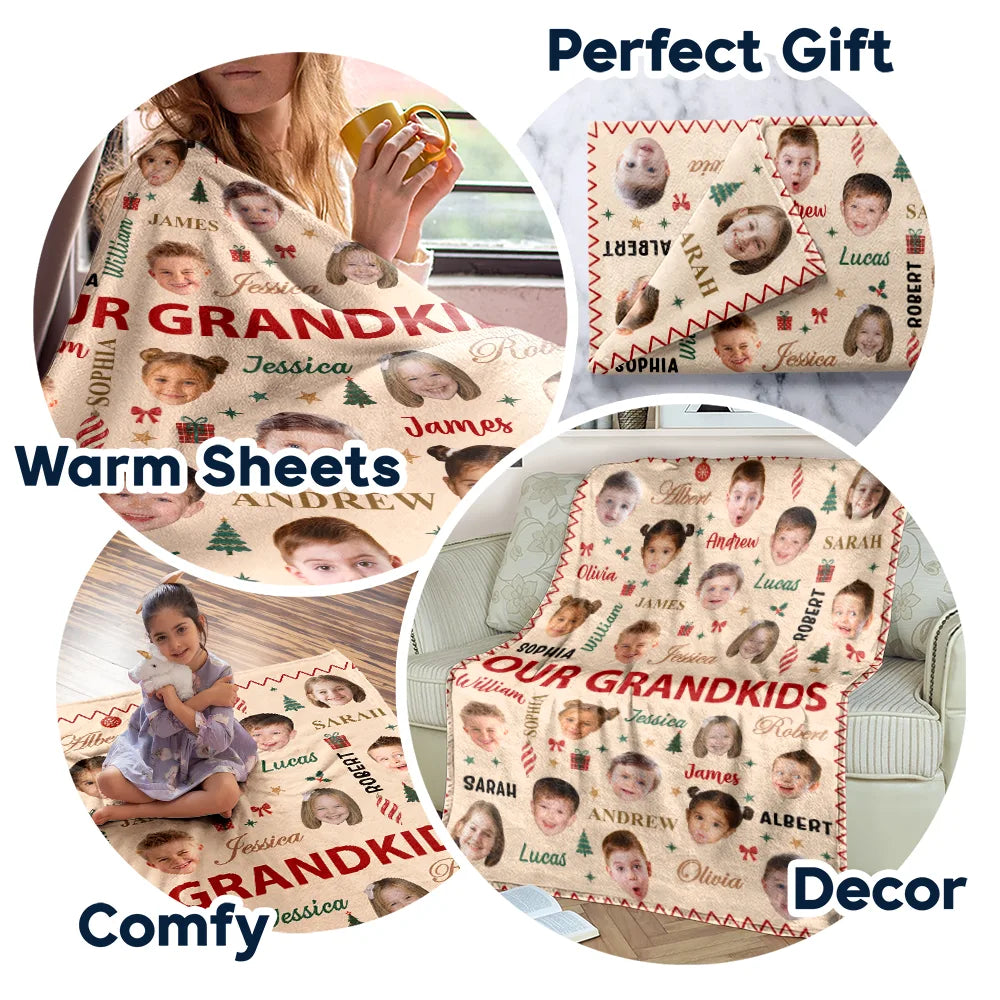 Christmas,Custom Photo,Cut-Face Photo,Gift For Grandma,Gifts For Her,Sentimental - Christmas Gift For Grandma Grandpa - Personalized Custom Photo My Grandkids With Name Pattern Fleece Blanket, Sherpa Blanket