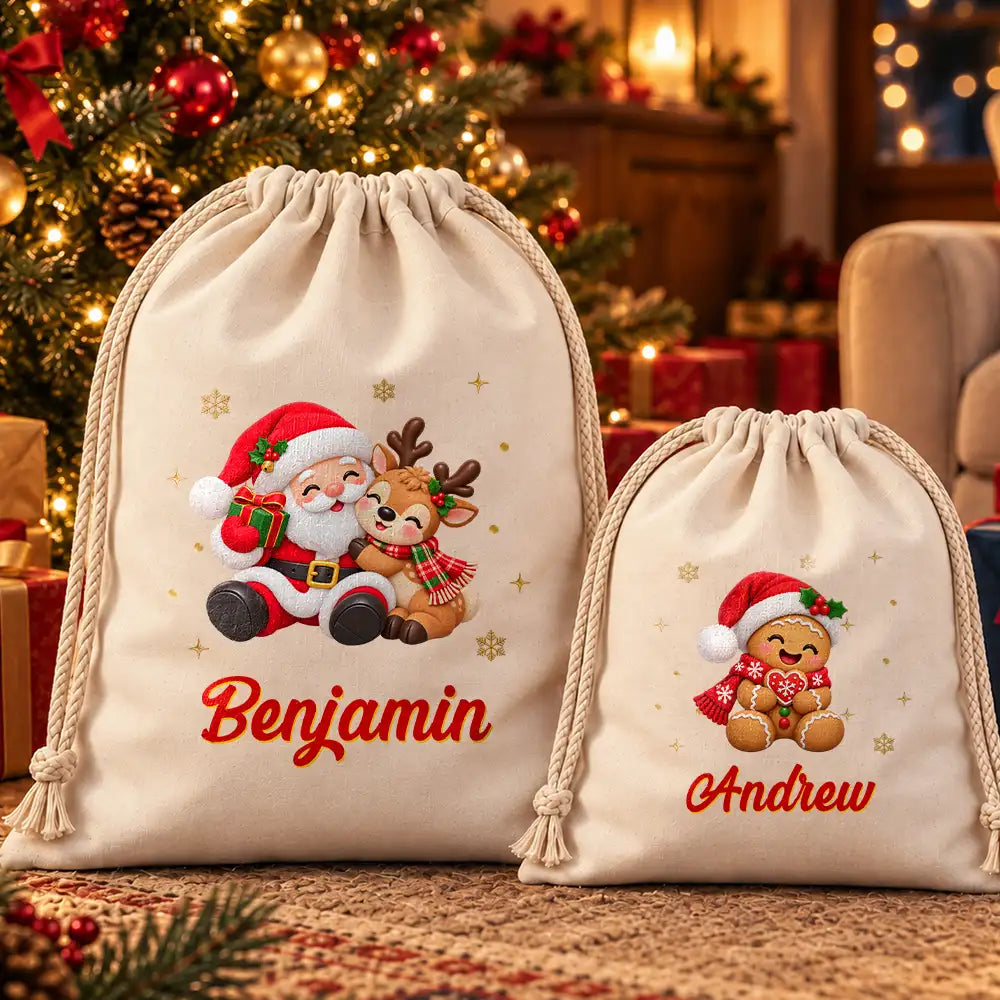 Christmas, Gift For Kids, Icon, Playful, Top Market - Christmas Gift For Kids - Personalized Name & Character Santa Reindeer Penguin Gnome Favor Bag