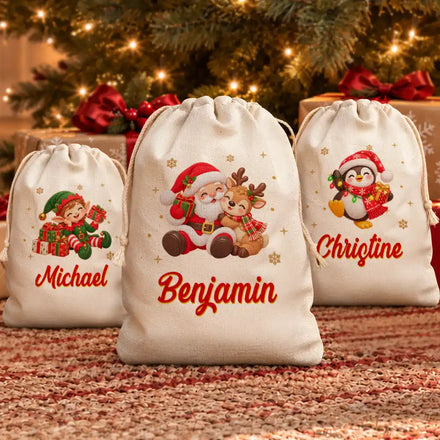 Christmas Gift For Kids - Personalized Name & Character Santa Reindeer Penguin Gnome Favor Bag