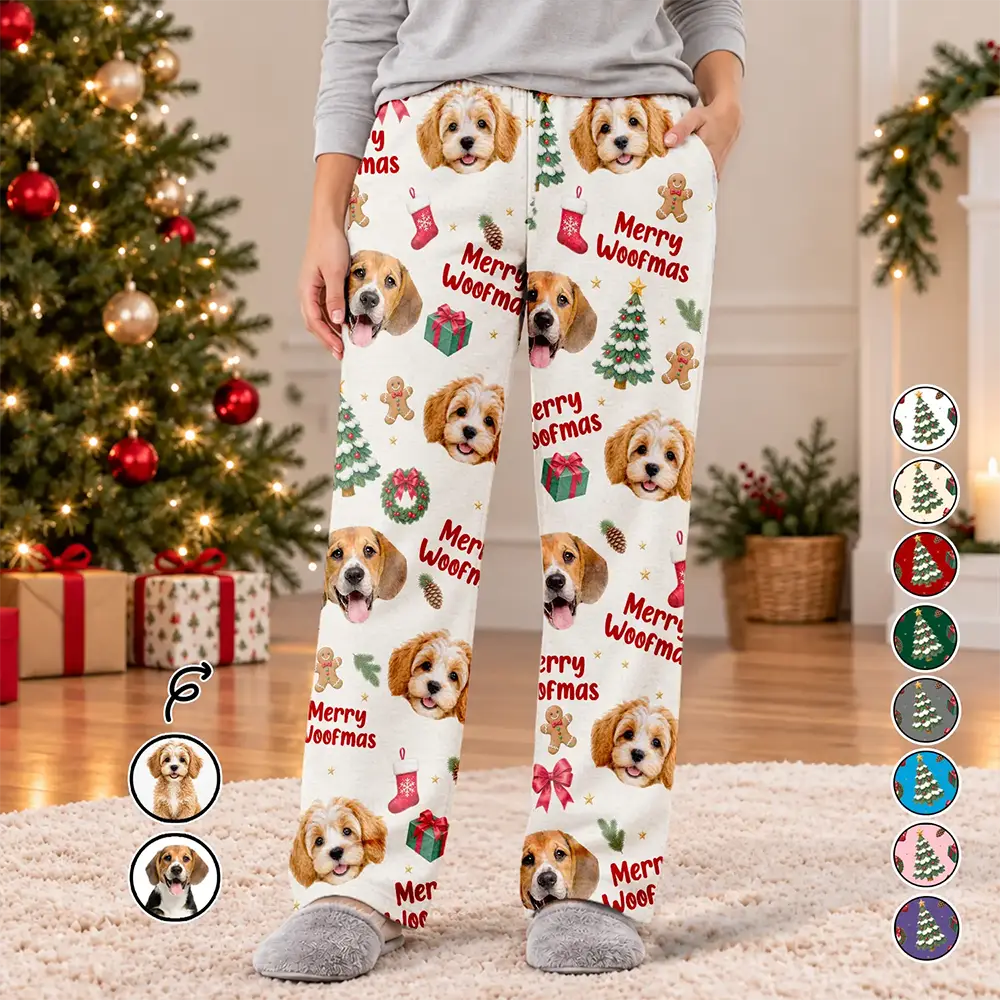 Christmas,Custom Photo,Cut-Face Photo,Pet Lovers,Playful - Christmas Pet Dog Cat Lovers Family - Personalized Custom Photo Merry Woofmas Pajama Pants