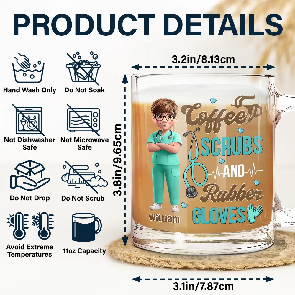 Nurse,Happy,Gifts For Colleagues,Gift For Bestie,Gift For Sisters - Coffee Scrubs And Rubber Gloves - Personalized Glass Mug