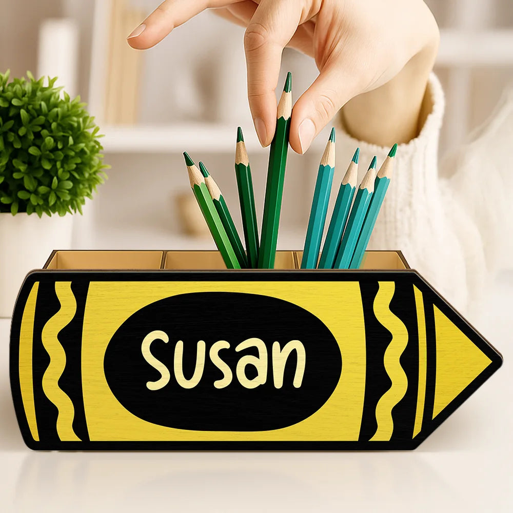 Back To School,Teacher,Grateful,Custom Text - Colorful Crayons With Name - Personalized Wooden Pen Pencil Holder