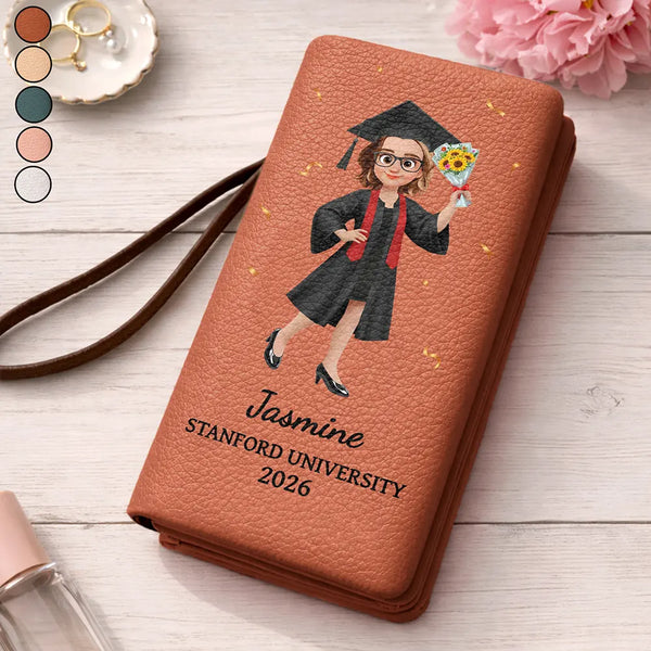 Gift For Women,Graduation,Happy - Congrats Graduate - Personalized Tri-Fold PU Leather Wristlet Wallet
