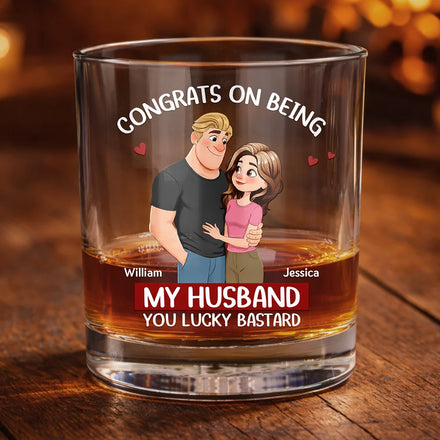 Congrats On Being My Husband Animate Hugging Couple - Personalized Whiskey Glass