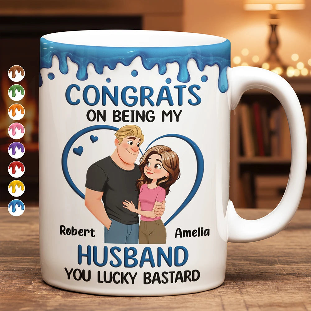 Congrats On Being My Husband Animate Hugging Couple - Personalized White Edge-to-Edge Mug