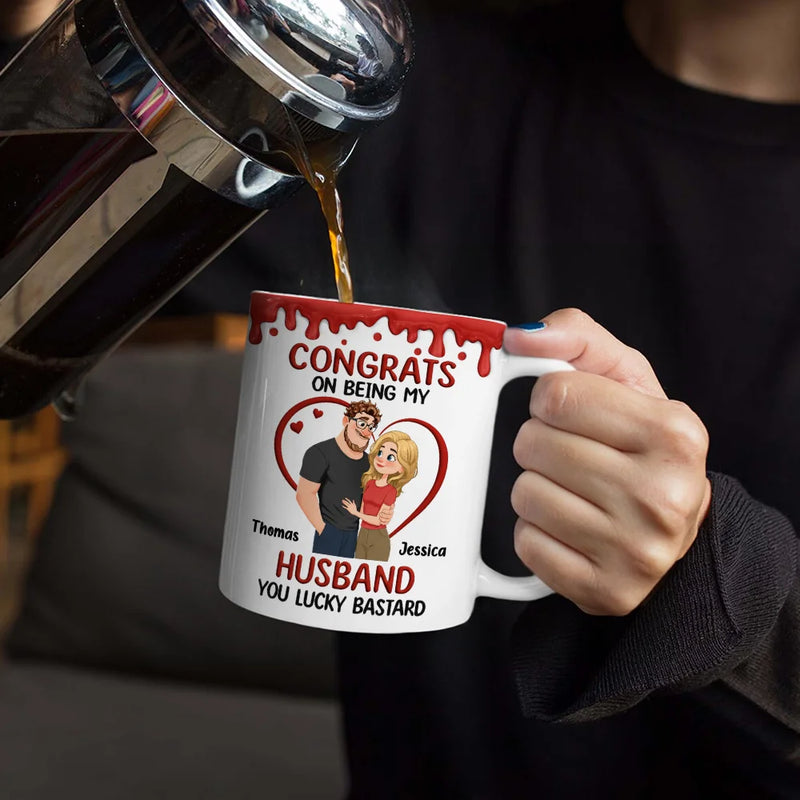 Gift For Couples,Old Couples,Funny,Gift For Husband,Gift For Wife - Congrats On Being My Husband Animate Hugging Couple - Personalized White Edge-to-Edge Mug
