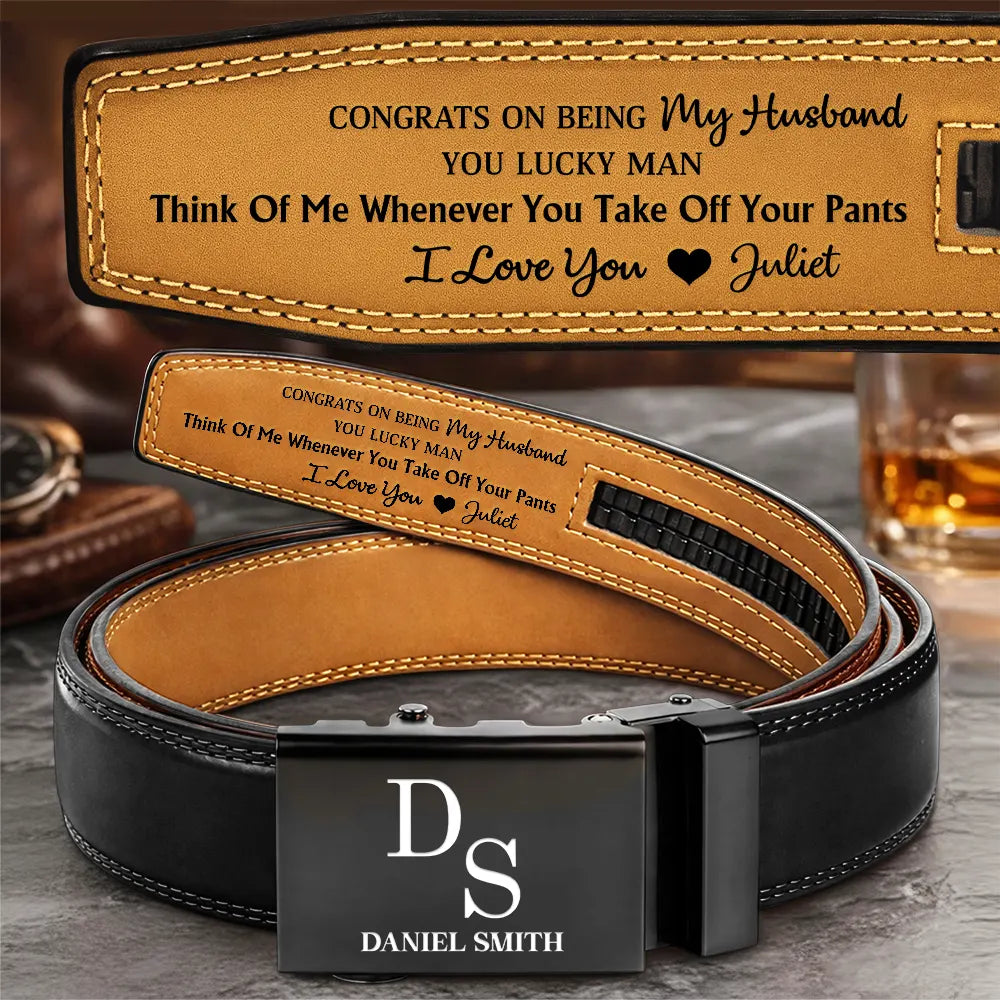 Congrats On Being My Husband You Lucky Man - Personalized Leather Belt With Engraved Buckle