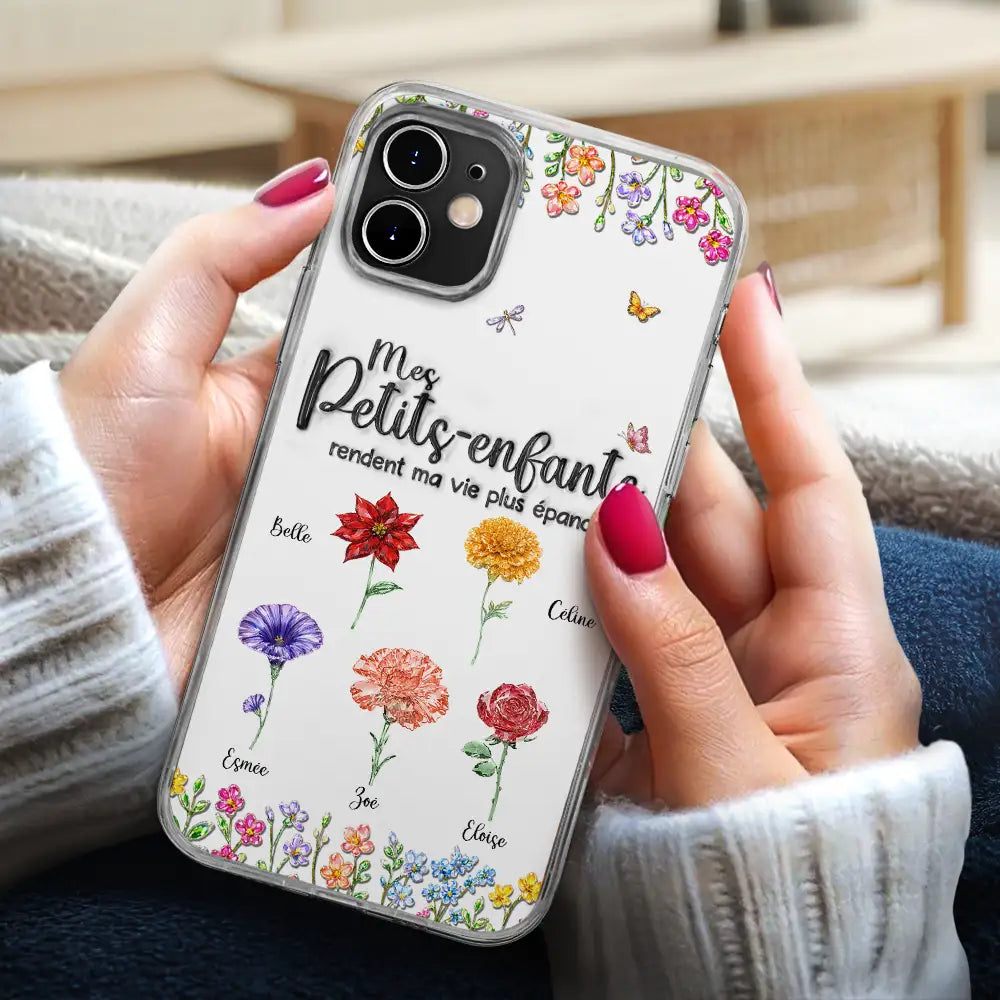 Gift For Wife,Gift For Yourself,Gift For Women,Gift For Mother,Gift For Grandma,Love,French - Fleurs De Naissance Mes Petits-Enfants - Impression Effet 3D Gonflé - Coque Transparente Personnalisée