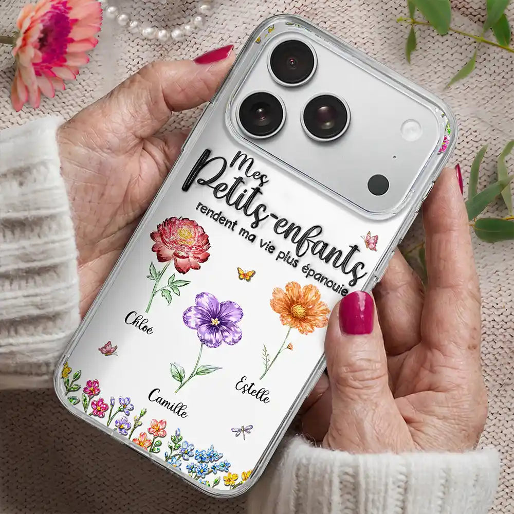 Gift For Wife,Gift For Yourself,Gift For Women,Gift For Mother,Gift For Grandma,Love,French - Fleurs De Naissance Mes Petits-Enfants - Impression Effet 3D Gonflé - Coque Transparente Personnalisée