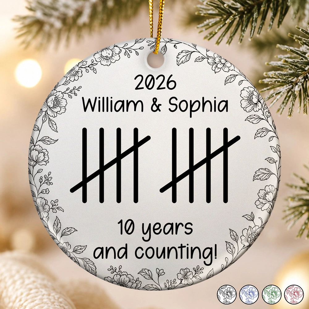 Anniversary,Christmas,Romantic,Gift For Couples,Icon - Couple Anniversary Gift Tally Mark - Personalized Circle Ceramic Ornament
