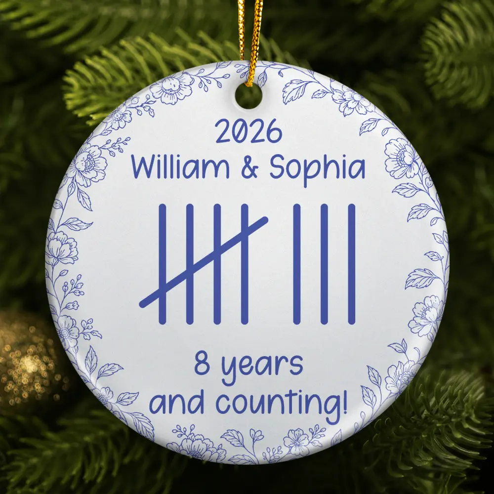 Anniversary,Christmas,Romantic,Gift For Couples,Icon - Couple Anniversary Gift Tally Mark - Personalized Circle Ceramic Ornament