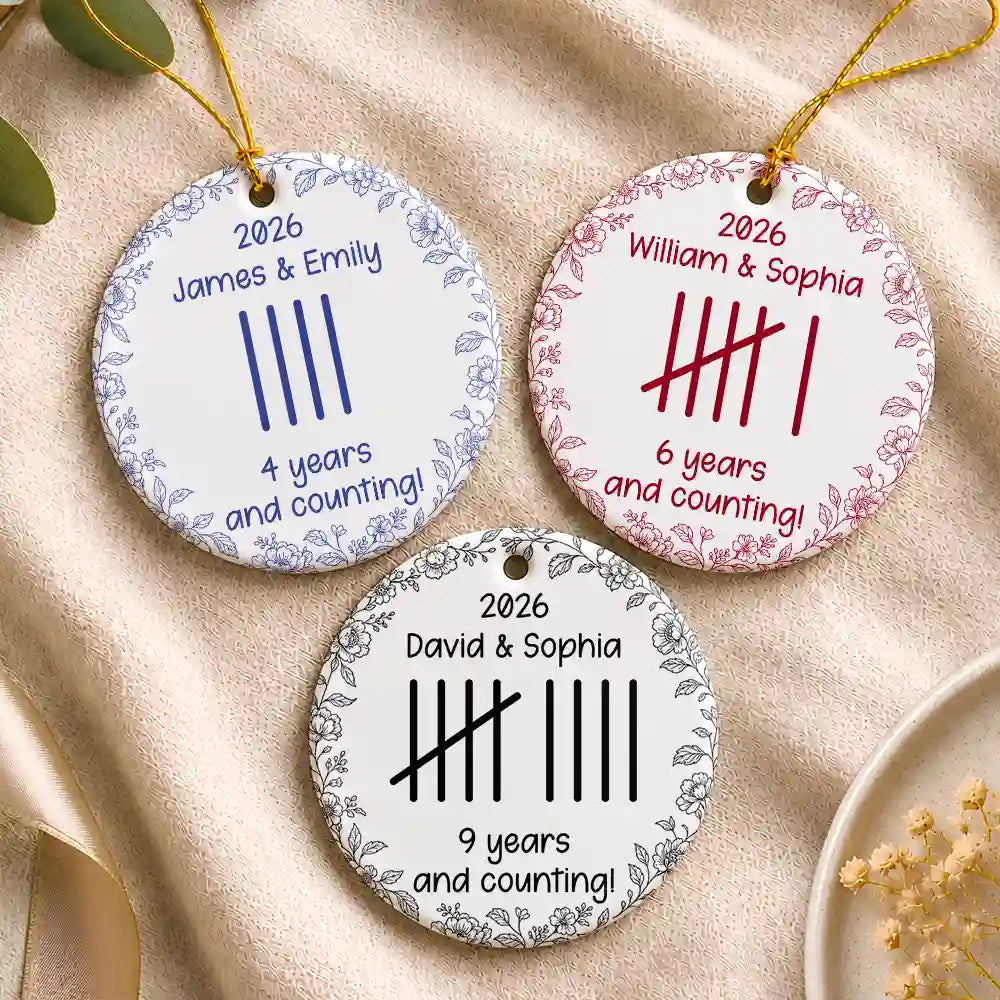 Anniversary,Christmas,Romantic,Gift For Couples,Icon - Couple Anniversary Gift Tally Mark - Personalized Circle Ceramic Ornament