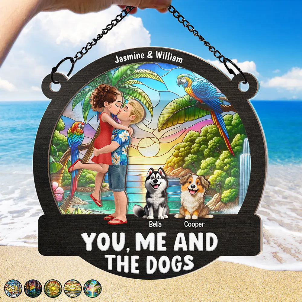 Gift For Couples, Dog Couple, Pet Lovers, Dog Lovers, Summer, Romantic, Vector - Couple Hugging You & Me And The Dogs - Personalized Window Hanging Suncatcher Ornament