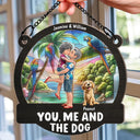 Gift For Couples, Dog Couple, Pet Lovers, Dog Lovers, Summer, Romantic, Vector - Couple Hugging You & Me And The Dogs - Personalized Window Hanging Suncatcher Ornament
