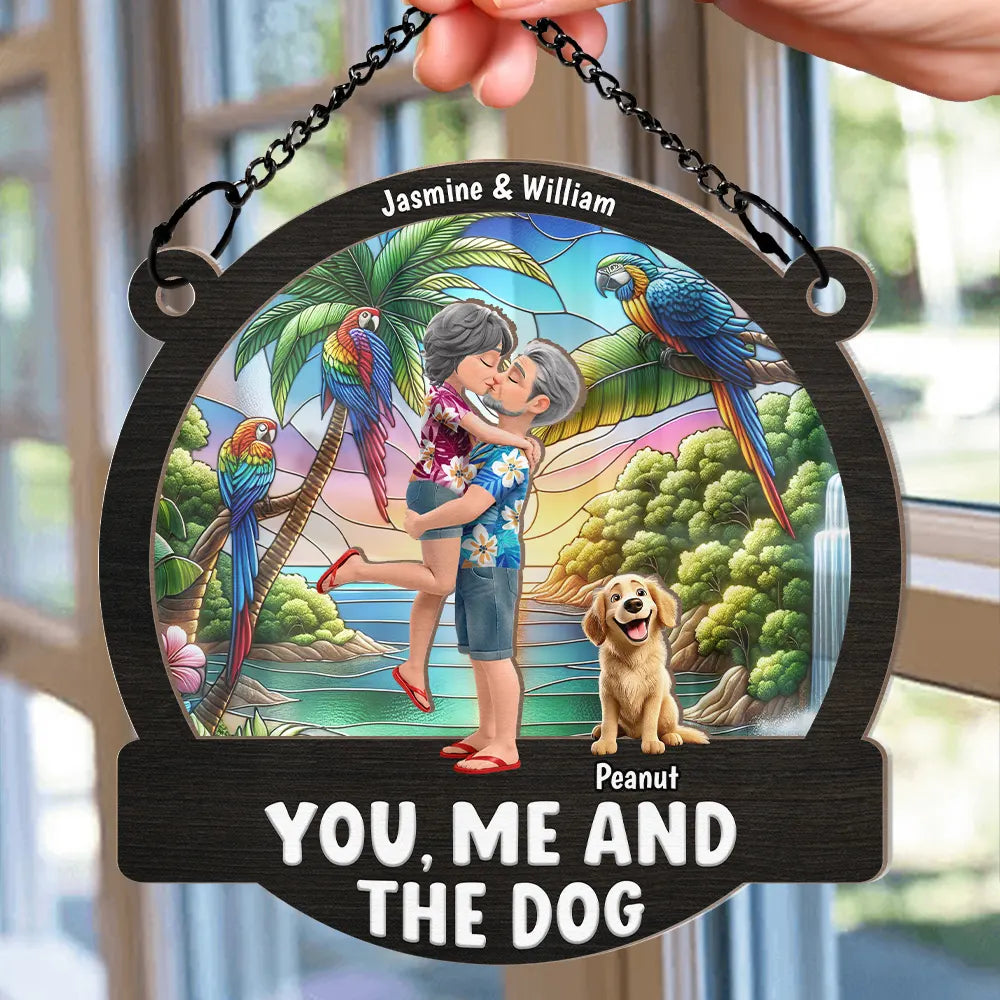 Gift For Couples, Dog Couple, Pet Lovers, Dog Lovers, Summer, Romantic, Vector - Couple Hugging You & Me And The Dogs - Personalized Window Hanging Suncatcher Ornament