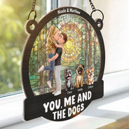 Gift For Couples, Dog Couple, Pet Lovers, Dog Lovers, Summer, Romantic, Vector - Couple Hugging You & Me And The Dogs - Personalized Window Hanging Suncatcher Ornament