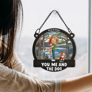 Gift For Couples, Dog Couple, Pet Lovers, Dog Lovers, Summer, Romantic, Vector - Couple Hugging You & Me And The Dogs - Personalized Window Hanging Suncatcher Ornament