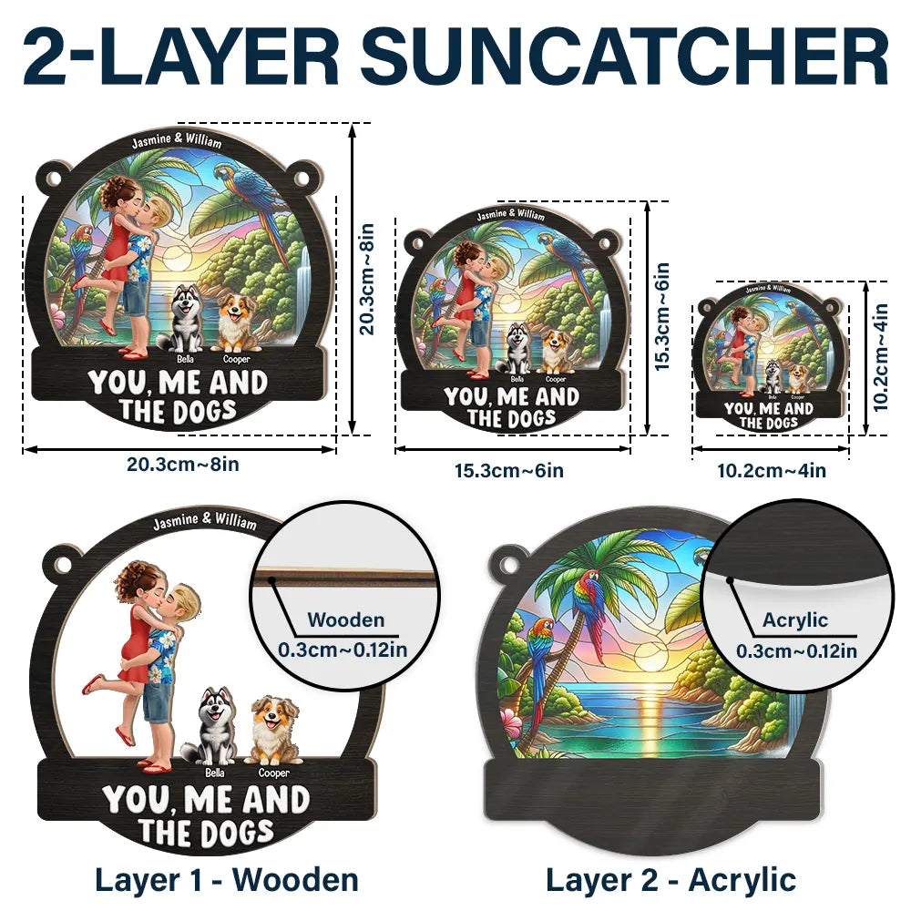 Gift For Couples, Dog Couple, Pet Lovers, Dog Lovers, Summer, Romantic, Vector - Couple Hugging You & Me And The Dogs - Personalized Window Hanging Suncatcher Ornament
