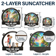 Gift For Couples, Dog Couple, Pet Lovers, Dog Lovers, Summer, Romantic, Vector - Couple Hugging You & Me And The Dogs - Personalized Window Hanging Suncatcher Ornament