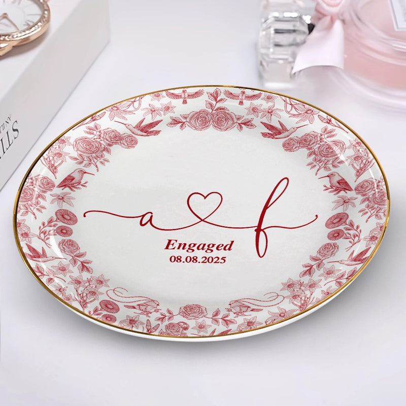 Gift For Couples, Gift For Wife, Gift For Girlfriend, Happy - Couple Initial Names Engaged Married Toile De Jouy Pattern - Personalized Round Ring Dish