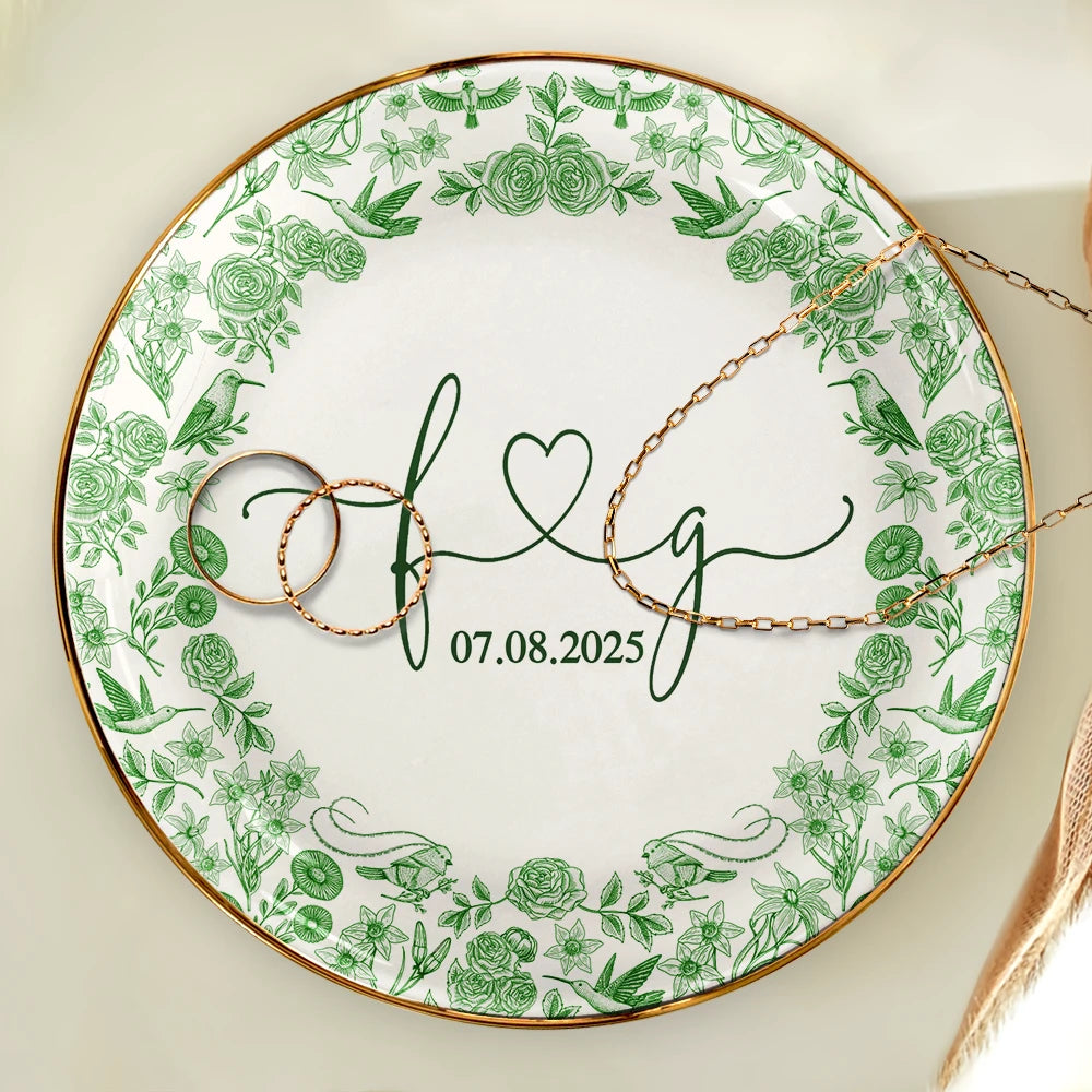 Gift For Couples, Gift For Wife, Gift For Girlfriend, Happy - Couple Initial Names Engaged Married Toile De Jouy Pattern - Personalized Round Ring Dish