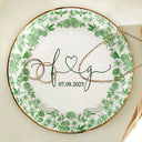 Gift For Couples, Gift For Wife, Gift For Girlfriend, Happy - Couple Initial Names Engaged Married Toile De Jouy Pattern - Personalized Round Ring Dish