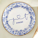 Gift For Couples, Gift For Wife, Gift For Girlfriend, Happy - Couple Initial Names Engaged Married Toile De Jouy Pattern - Personalized Round Ring Dish