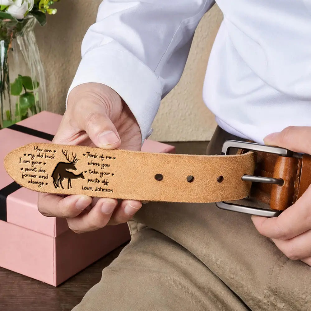 Gift For Couples, Gift For Husband, Gift For Boyfriend, Funny - Couple Old Buck Sweet Doe - Personalized Cowhide Leather Belt