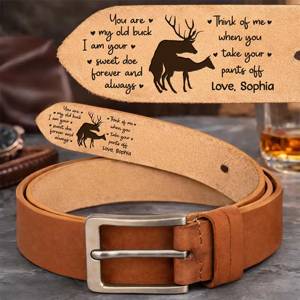 Couple Old Buck Sweet Doe - Personalized Cowhide Leather Belt