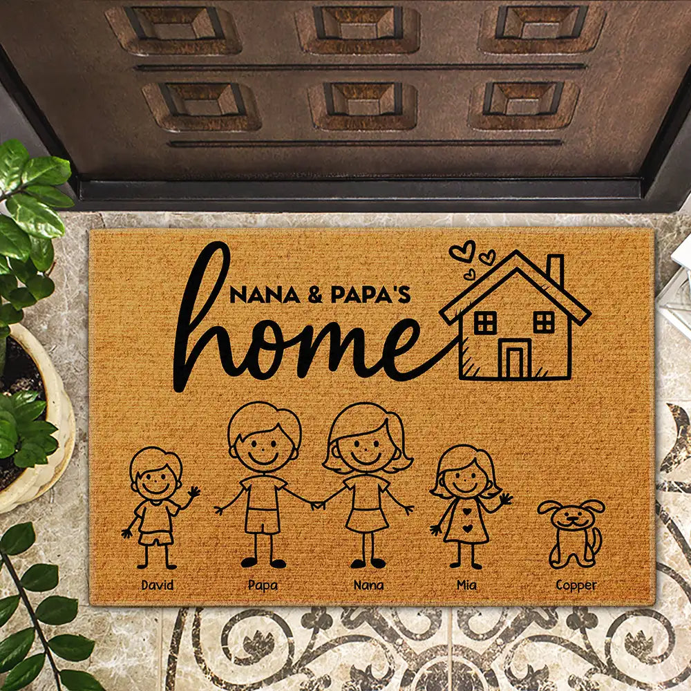 Gift For Grandpa,Gift For Grandma,Gift For Grandparents,Parents,Happy,Family - Couple Parents Home With Kid And Pet - Personalized Doormat