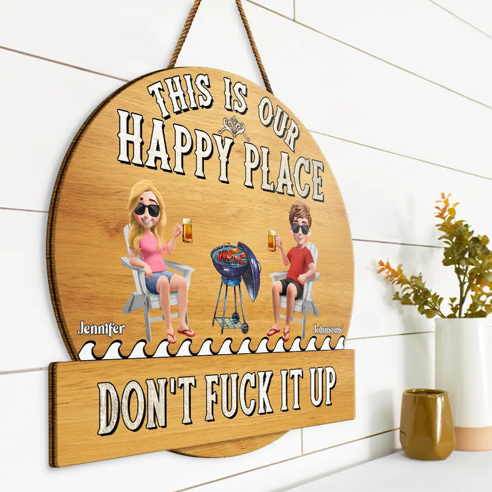 Poolside,Outdoor Decor,Summer,Gift For Couples,Humorous,Vector - Couple Patio Poolside This Is Our Happy Place - Personalized Custom Shaped Wood Sign