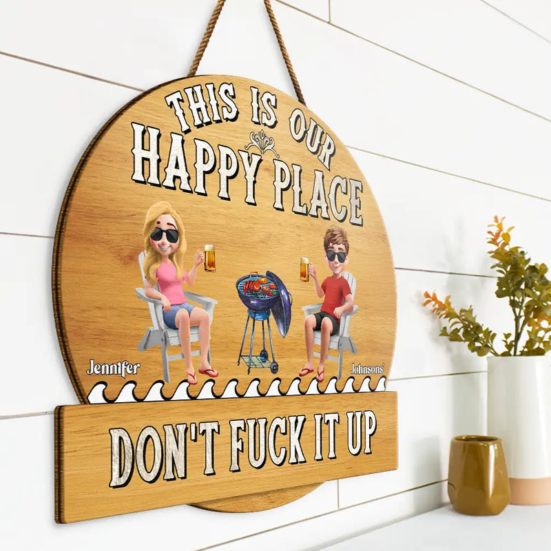 Poolside,Outdoor Decor,Summer,Gift For Couples,Humorous,Vector - Couple Patio Poolside This Is Our Happy Place - Personalized Custom Shaped Wood Sign