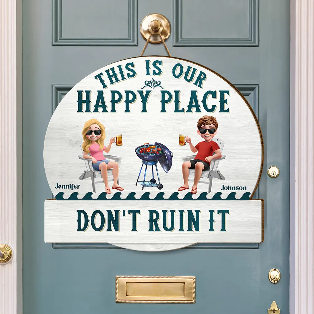 Poolside,Outdoor Decor,Summer,Gift For Couples,Humorous,Vector - Couple Patio Poolside This Is Our Happy Place - Personalized Custom Shaped Wood Sign