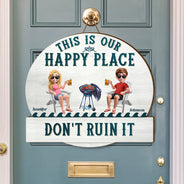 Poolside,Outdoor Decor,Summer,Gift For Couples,Humorous,Vector - Couple Patio Poolside This Is Our Happy Place - Personalized Custom Shaped Wood Sign
