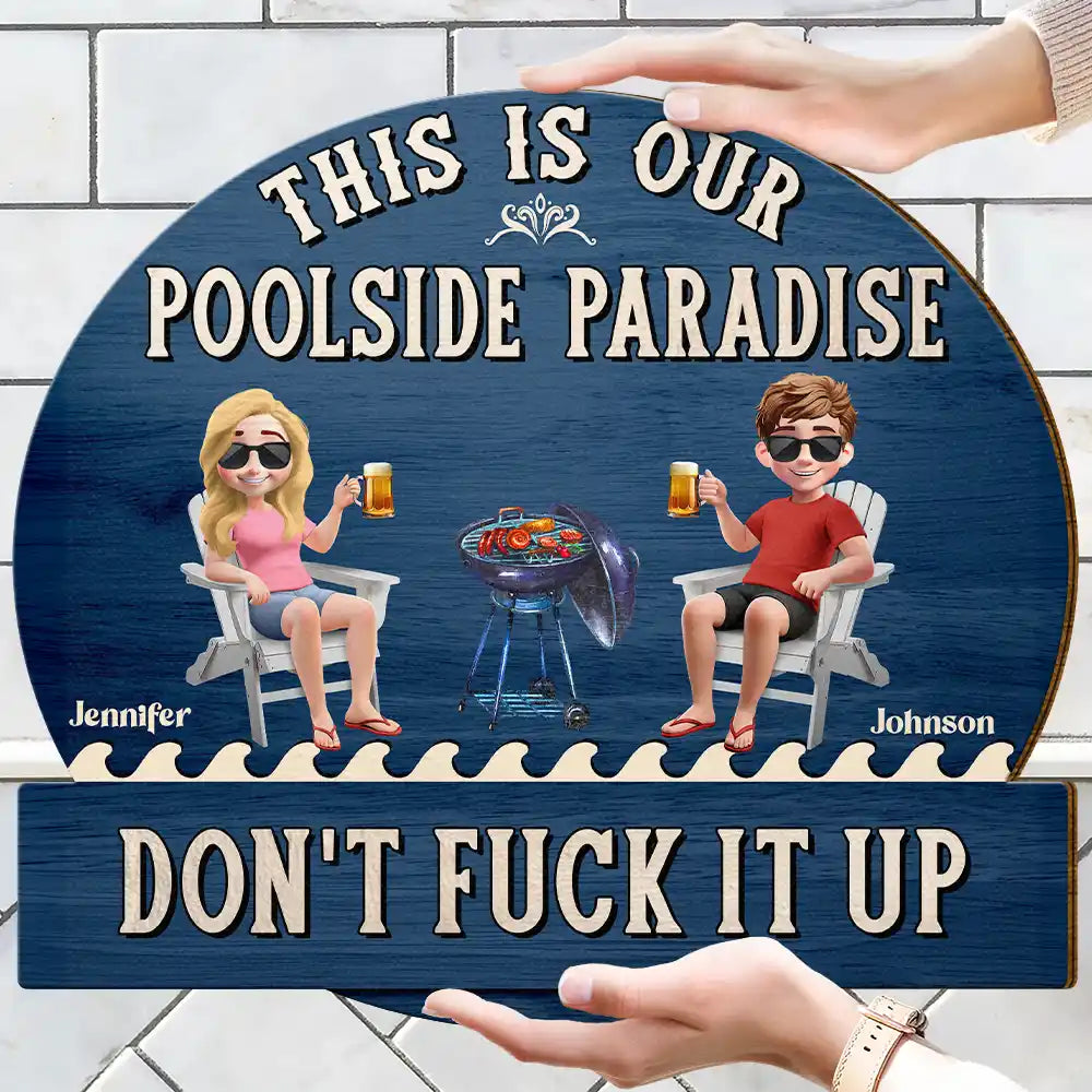 Poolside,Outdoor Decor,Summer,Gift For Couples,Humorous,Vector - Couple Patio Poolside This Is Our Happy Place - Personalized Custom Shaped Wood Sign