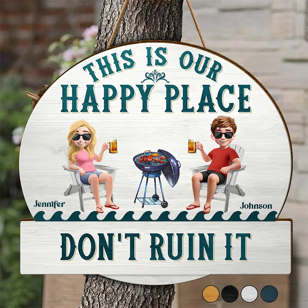 Poolside,Outdoor Decor,Summer,Gift For Couples,Humorous,Vector - Couple Patio Poolside This Is Our Happy Place - Personalized Custom Shaped Wood Sign