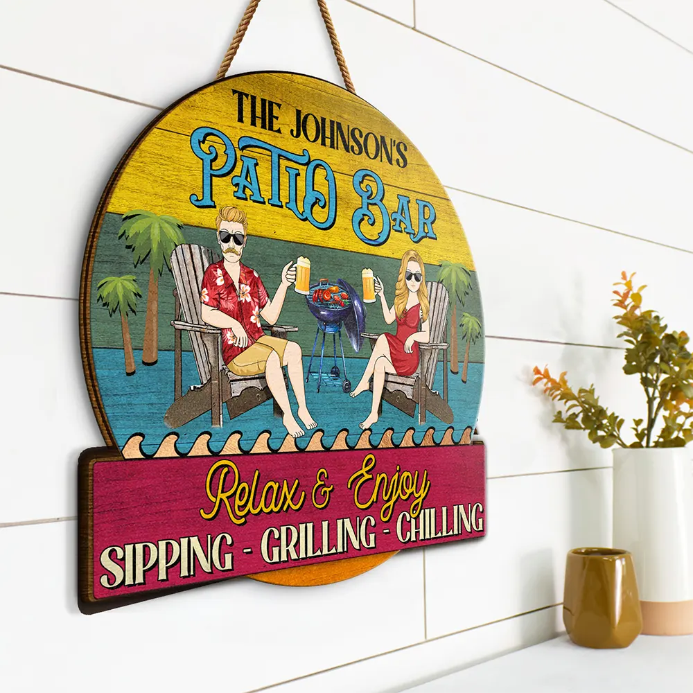 Gift For Couples,Gift For Husband,Gift For Wife,Gift For Boyfriend,Gift For Girlfriend,Patio,Poolside - Couple Pool & Patio Sipping Chilling - Personalized Custom Shaped Wood Sign

