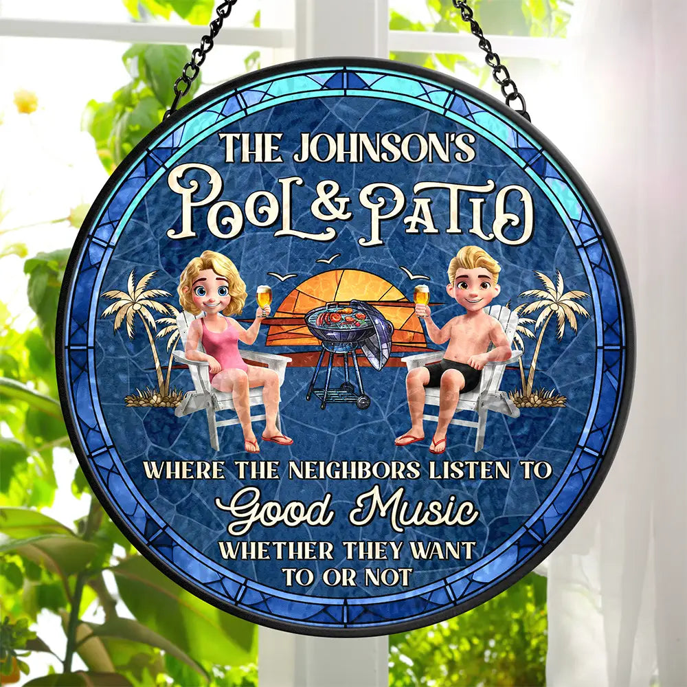 Couple Pool & Patio Sipping Chilling - Personalized Stained Glass Window Hanging Suncatcher