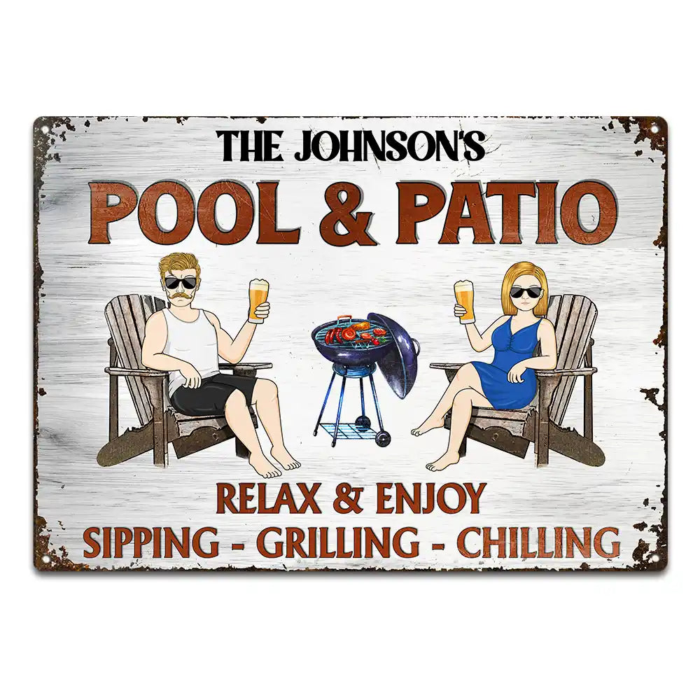 Gift For Couples,Gift For Husband,Gift For Wife,Gift For Boyfriend,Gift For Girlfriend,Patio,Poolside - Couple Pool & Patio Sipping Chilling - Personalized Classic Metal Signs