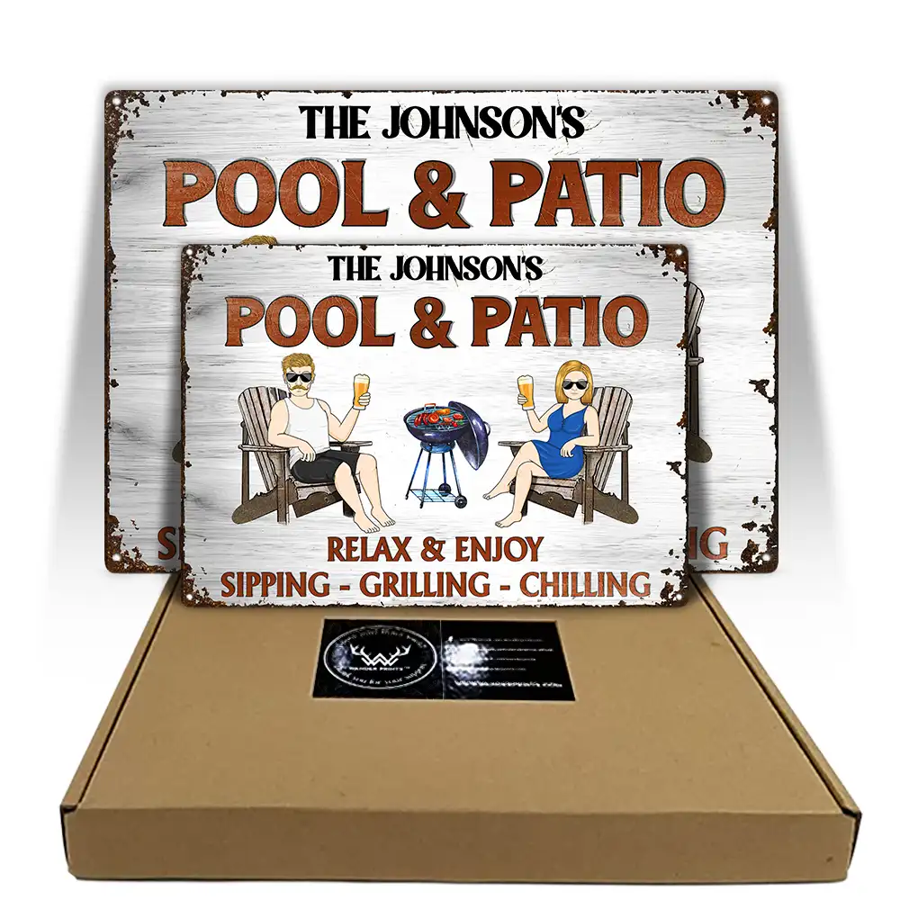 Gift For Couples,Gift For Husband,Gift For Wife,Gift For Boyfriend,Gift For Girlfriend,Patio,Poolside - Couple Pool & Patio Sipping Chilling - Personalized Classic Metal Signs