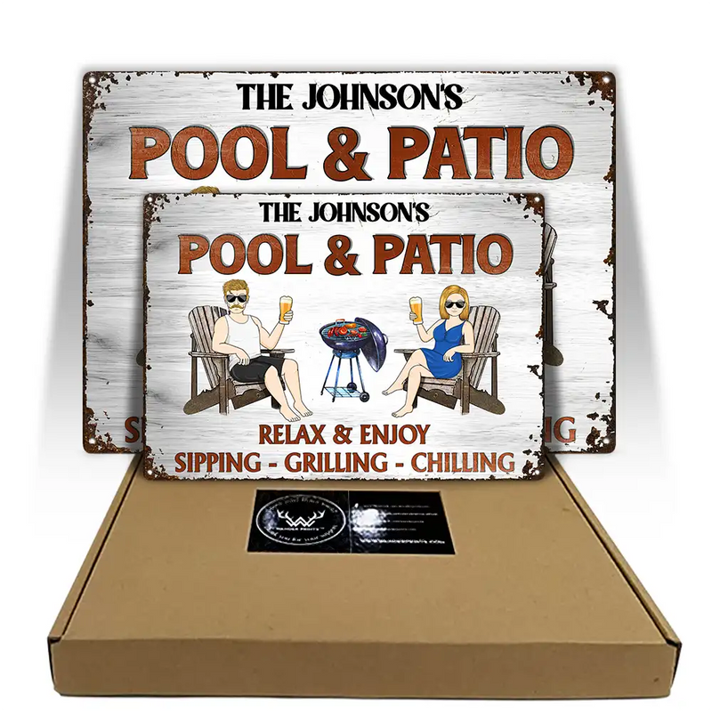 Gift For Couples,Gift For Husband,Gift For Wife,Gift For Boyfriend,Gift For Girlfriend,Patio,Poolside - Couple Pool & Patio Sipping Chilling - Personalized Classic Metal Signs