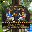 Gift For Couples, Gift For Husband, Gift For Wife, Gift For Boyfriend, Gift For Girlfriend, Poolside, Patio, Happy - Couple Pool & Patio Sipping Chilling - Personalized Custom Shaped Metal Sign