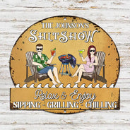 Gift For Couples,Gift For Husband,Gift For Wife,Gift For Boyfriend,Gift For Girlfriend,Patio,Grilling,Happy,Non-Eng,Vector - Couple Outdoor Decor Relax & Enjoy - Personalised Custom Shaped Metal Sign