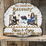 Gift For Couples,Gift For Husband,Gift For Wife,Gift For Boyfriend,Gift For Girlfriend,Patio,Grilling,Happy,Non-Eng,Vector - Couple Outdoor Decor Relax & Enjoy - Personalised Custom Shaped Metal Sign