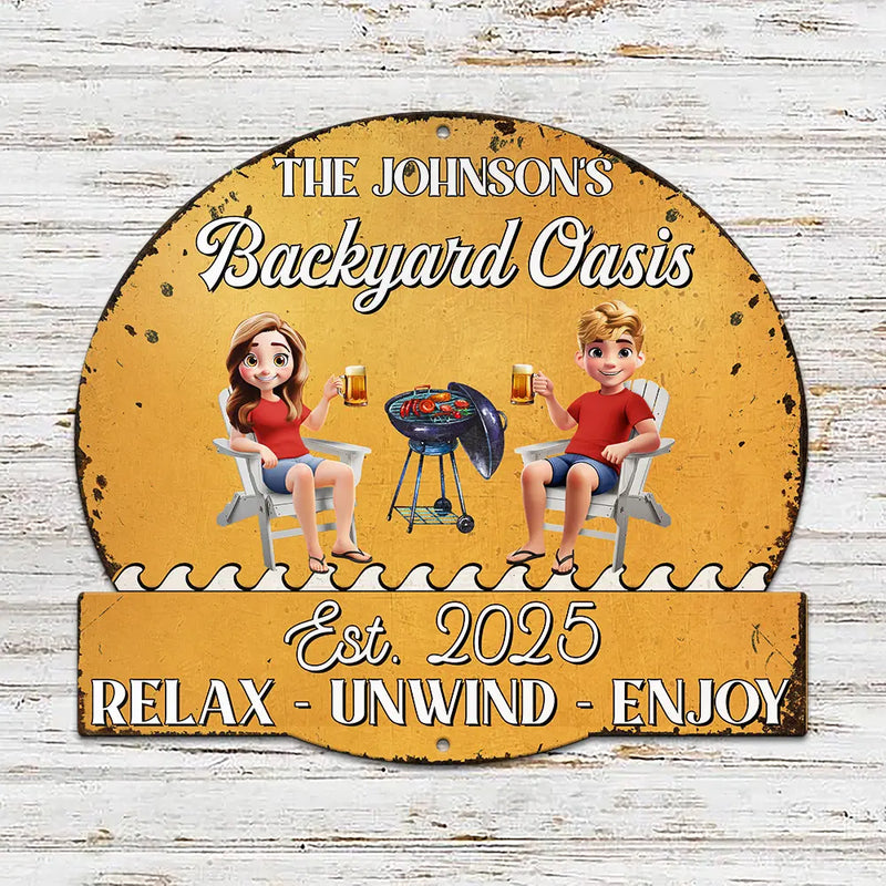 Gift For Couples,Gift For Husband,Gift For Wife,Gift For Boyfriend,Gift For Girlfriend,Poolside,Patio - Couple Poolside Paradise - Personalized Custom Shaped Metal Sign