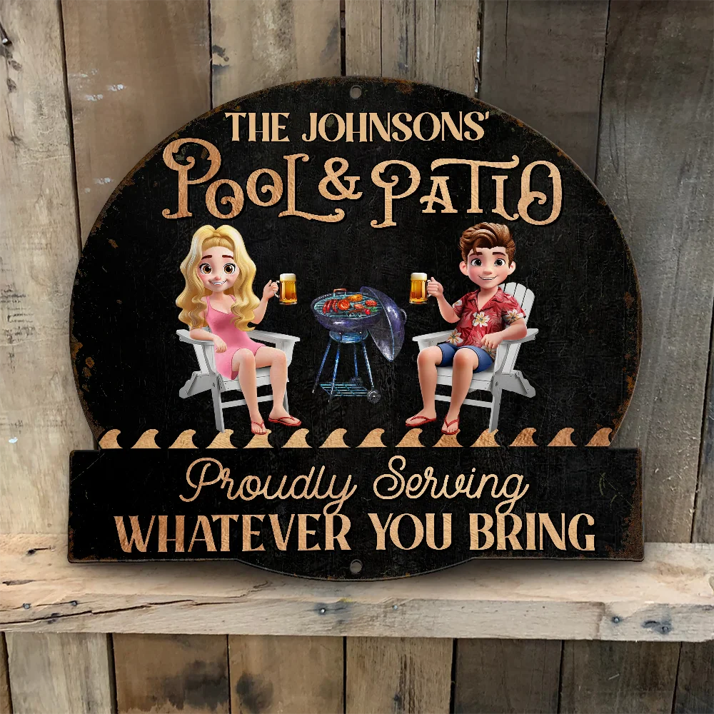 Gift For Couples,Gift For Husband,Gift For Wife,Gift For Boyfriend,Gift For Girlfriend,Poolside,Patio - Couple Poolside Paradise - Personalized Custom Shaped Metal Sign